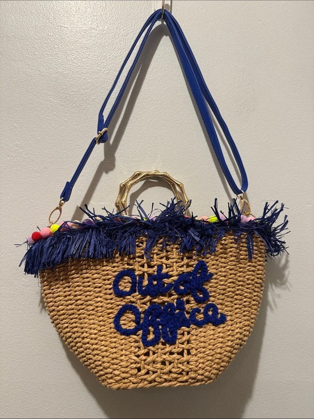 Out of Office Vacation Navy Trim Straw Shoulder Tote Gold Ring Handle